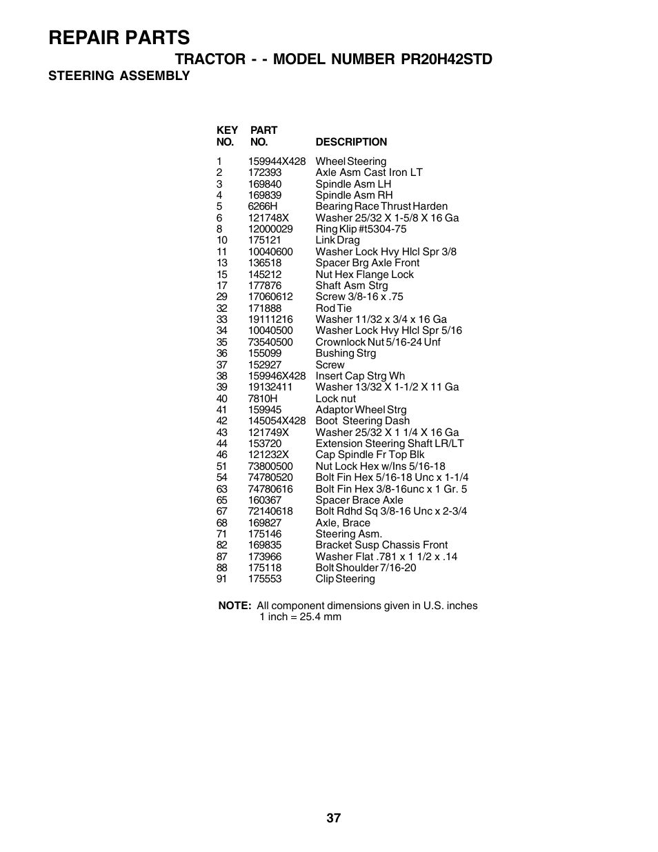 Repair parts, Tractor - - model number pr20h42std | Poulan 180002 User Manual | Page 37 / 48