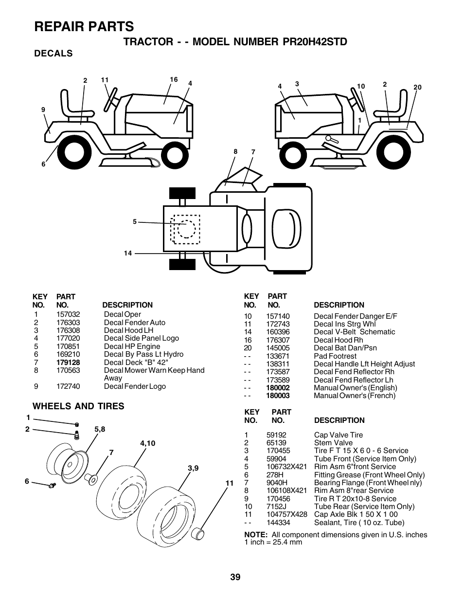 Repair parts, Tractor - - model number pr20h42std | Poulan 180002 User Manual | Page 39 / 48
