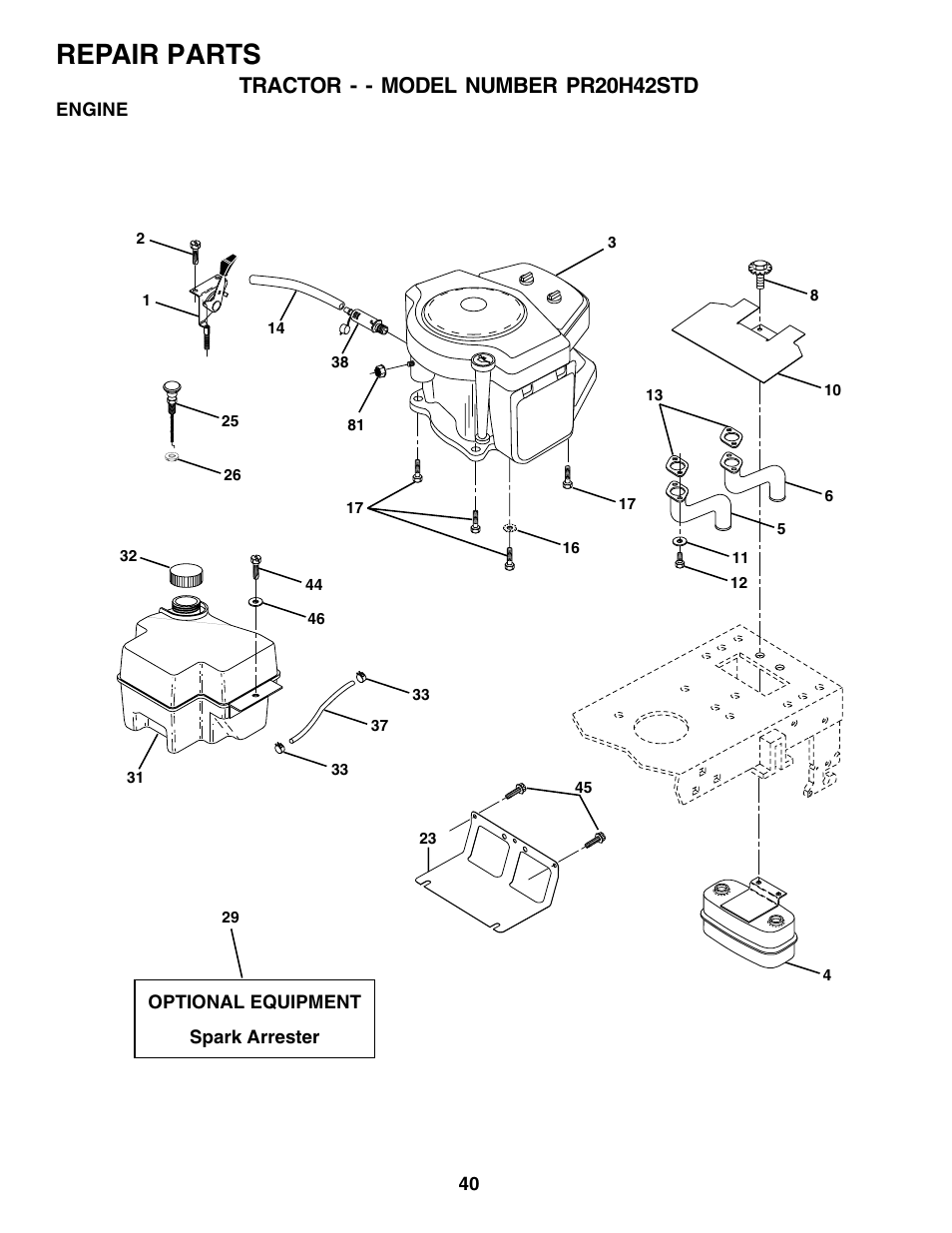 Repair parts, Tractor - - model number pr20h42std | Poulan 180002 User Manual | Page 40 / 48
