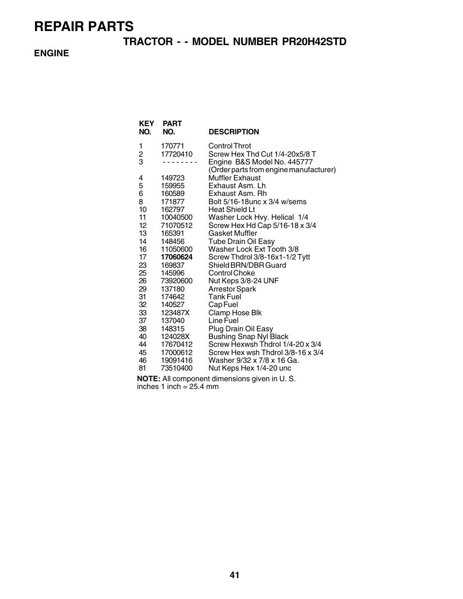 Repair parts, Tractor - - model number pr20h42std | Poulan 180002 User Manual | Page 41 / 48