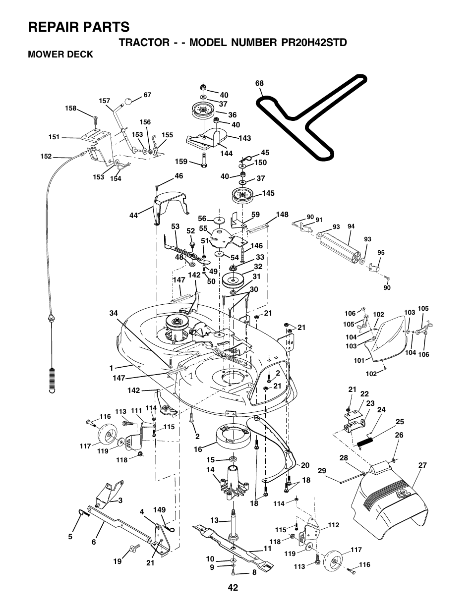 Repair parts, Tractor - - model number pr20h42std, Mower deck | Poulan 180002 User Manual | Page 42 / 48