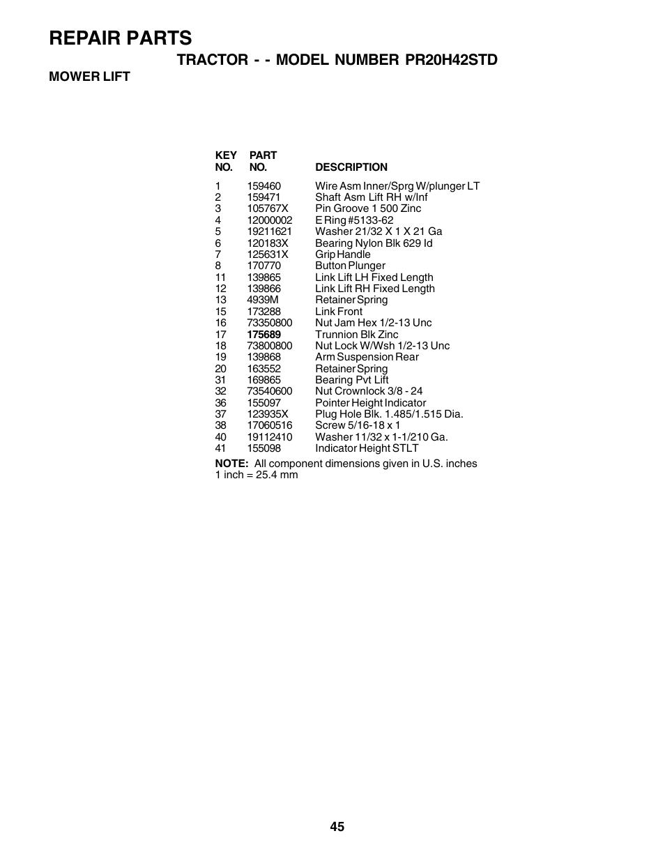Repair parts, Tractor - - model number pr20h42std | Poulan 180002 User Manual | Page 45 / 48