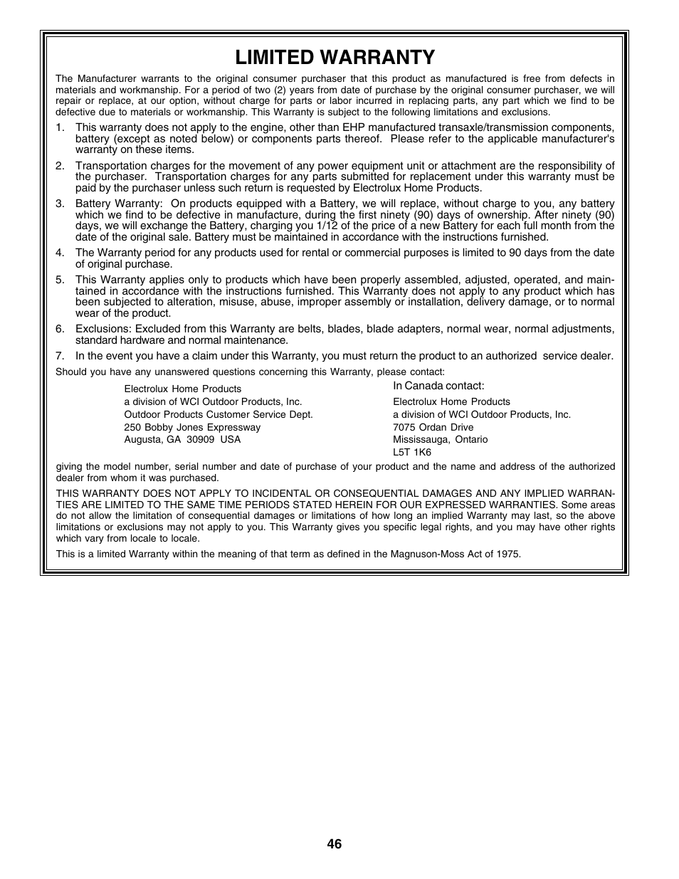 Limited warranty | Poulan 180002 User Manual | Page 46 / 48