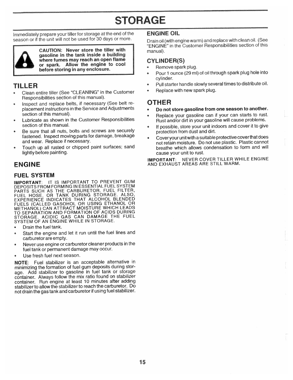 Storage, Fuel system, Engine oil | Cylinder(s), Tiller, Engine, Other | Poulan HDF550L User Manual | Page 15 / 24
