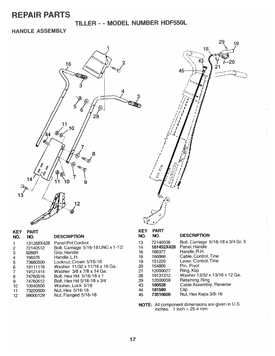 Handle assembly, Repair parts, Tiller - - model number hdf550l | Poulan HDF550L User Manual | Page 17 / 24