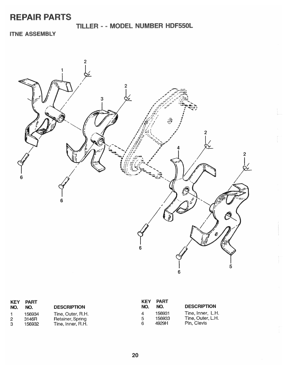 Itne assembly, Repair parts, Tiller - - model number hdf550l | Poulan HDF550L User Manual | Page 20 / 24
