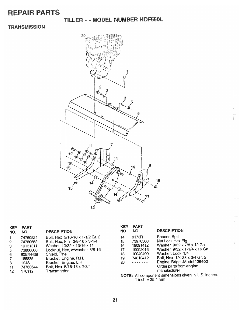 Transmission, Repair parts, Tiller - - model number hdf550l | Poulan HDF550L User Manual | Page 21 / 24