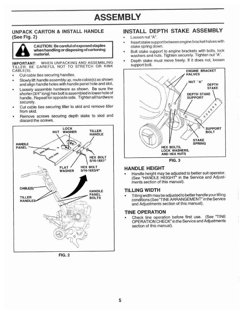 Assembly, Unpack carton & install handle (see fig. 2), Handle height | Tine operation, Install depth stake assembly | Poulan HDF550L User Manual | Page 5 / 24