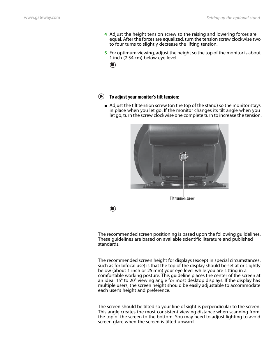 Adjusting monitor tilt tension, To adjust your monitor’s tilt tension, Ergonomic guidelines | Screen height, Screen tilt | Preference Audio FPD1975W User Manual | Page 13 / 38