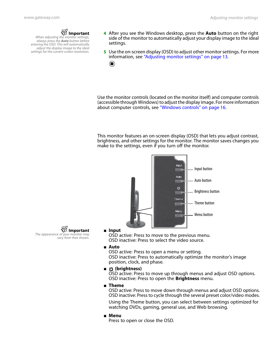 Adjusting monitor settings, Monitor buttons | Preference Audio FPD1975W User Manual | Page 17 / 38