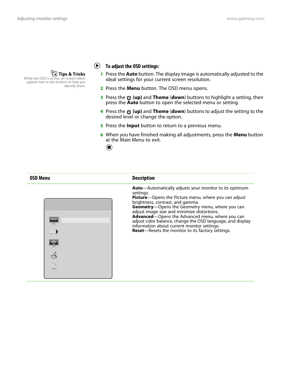 On-screen display options, Adjusting osd settings, To adjust the osd settings | Osd menus, Main menu | Preference Audio FPD1975W User Manual | Page 18 / 38