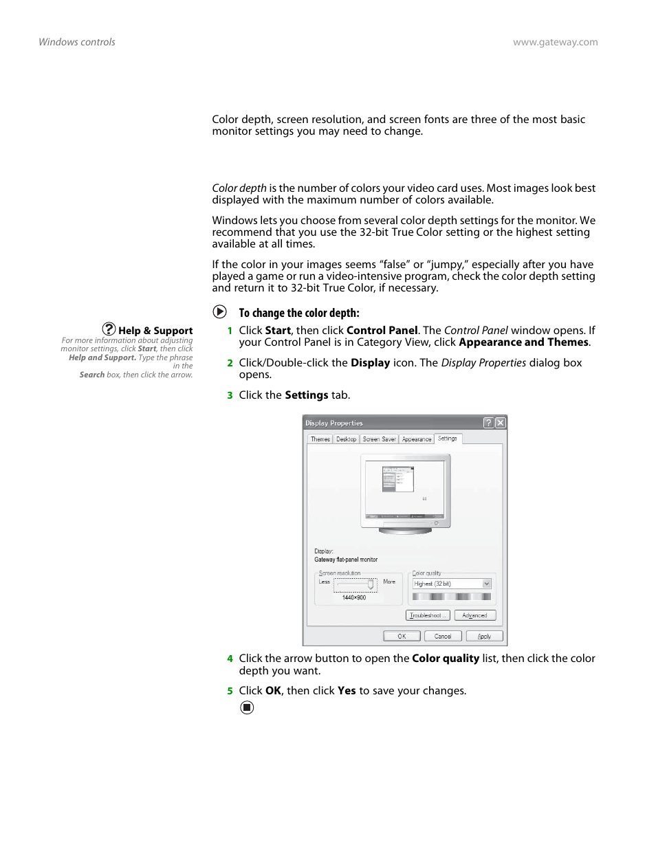 Windows controls, Adjusting the color depth, To change the color depth | Preference Audio FPD1975W User Manual | Page 20 / 38