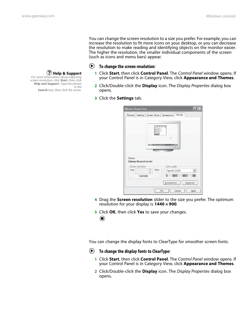 Adjusting the screen resolution, To change the screen resolution, Clarifying screen fonts | To change the display fonts to cleartype | Preference Audio FPD1975W User Manual | Page 21 / 38