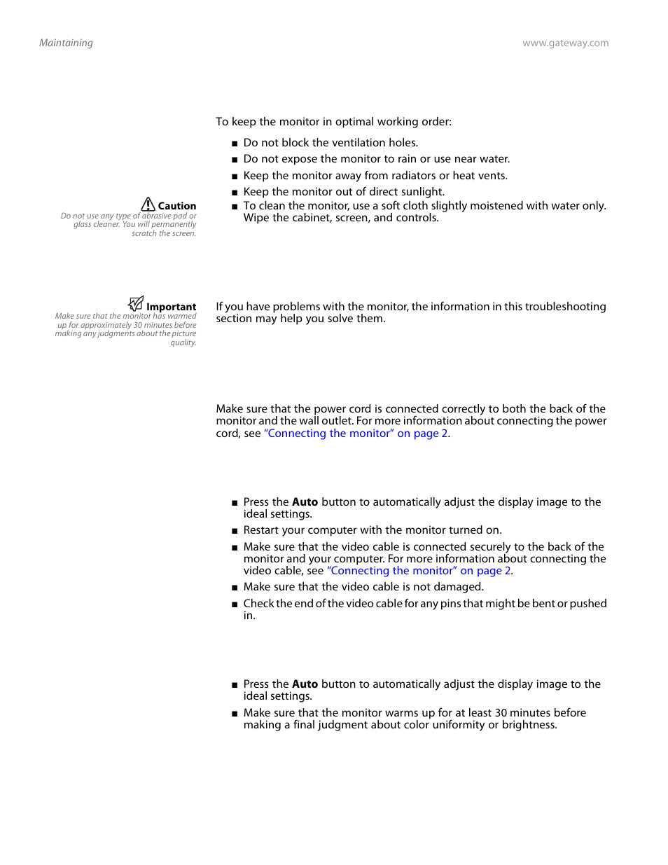 Maintaining, Troubleshooting, No power | Display colors are wrong, Color is not uniform, Maintaining troubleshooting | Preference Audio FPD1975W User Manual | Page 26 / 38