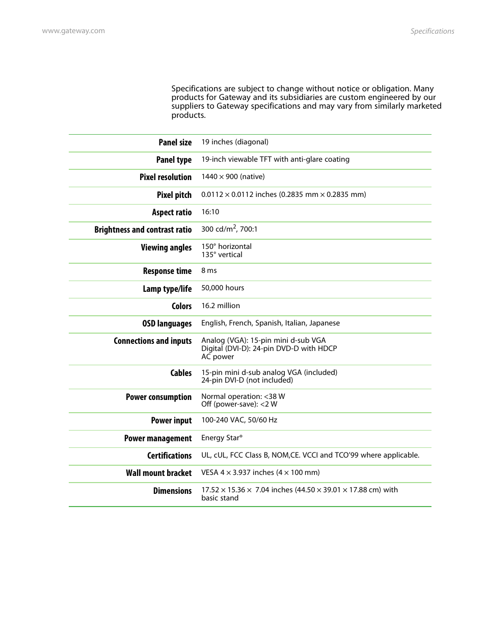 Specifications | Preference Audio FPD1975W User Manual | Page 29 / 38