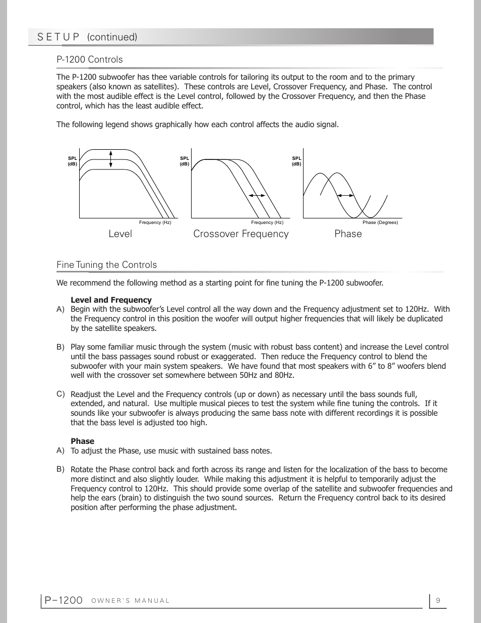 P-1200, Level crossover frequency phase | Preference Audio P-1200 User Manual | Page 9 / 12