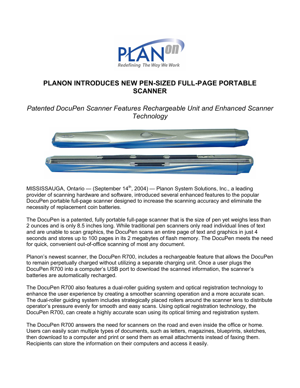 Planon System Solutions Pen-Sized Full-Page Portable Scanner User Manual | 2 pages