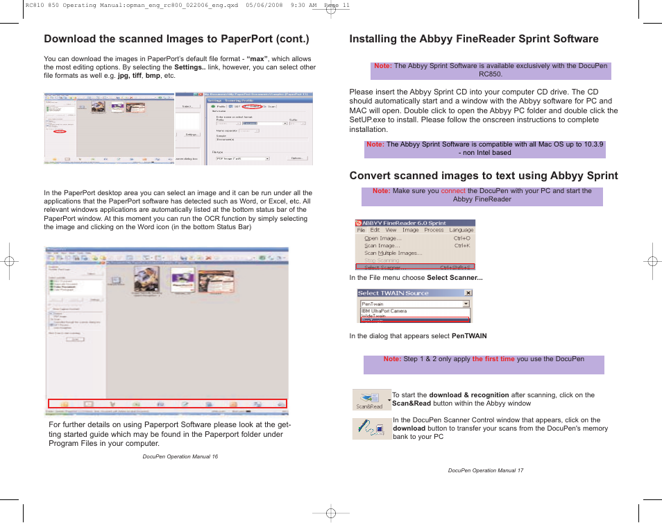 Download the scanned images to paperport (cont.), Installing the abbyy finereader sprint software, Convert scanned images to text using abbyy sprint | Planon System Solutions DocuPen RC810 User Manual | Page 11 / 19