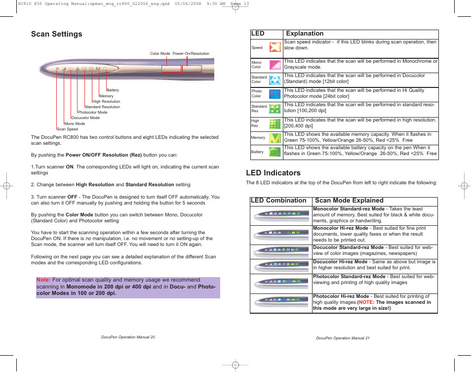 Led indicators, Scan settings, Led explanation | Led combination scan mode explained | Planon System Solutions DocuPen RC810 User Manual | Page 13 / 19