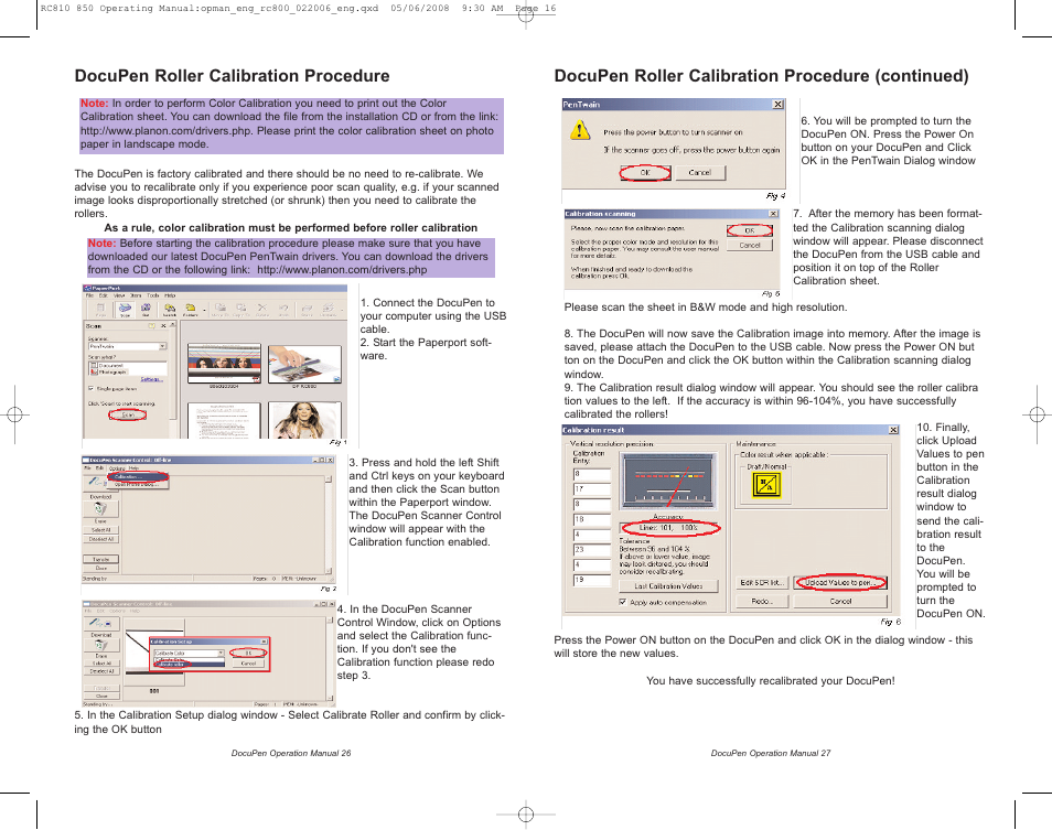 Docupen roller calibration procedure, Docupen roller calibration procedure (continued) | Planon System Solutions DocuPen RC810 User Manual | Page 16 / 19