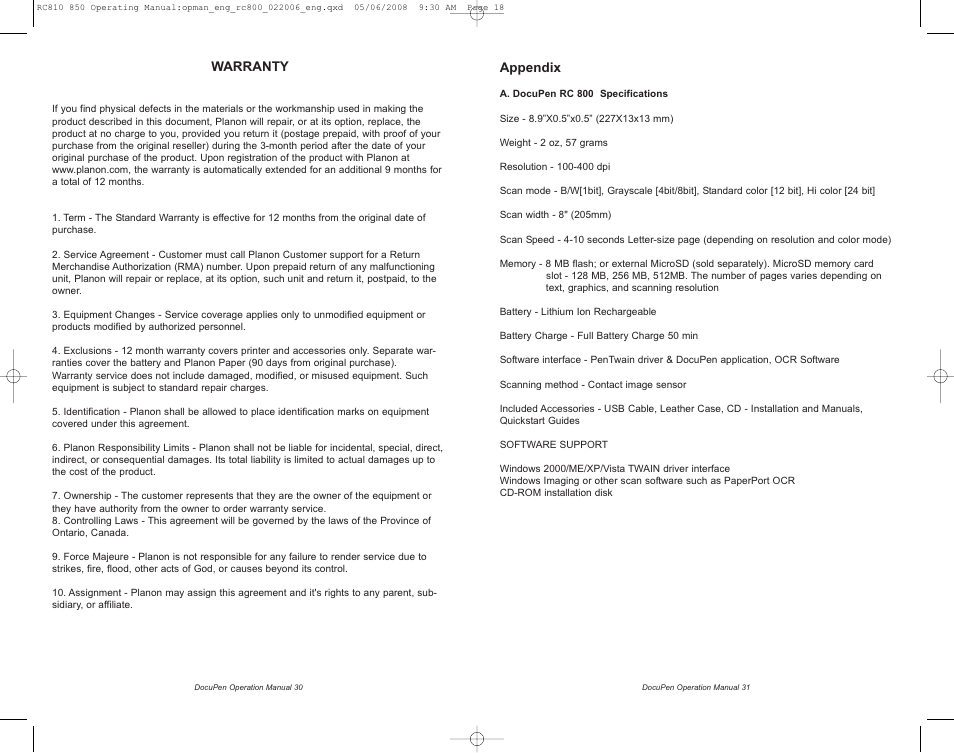 Planon System Solutions DocuPen RC810 User Manual | Page 18 / 19