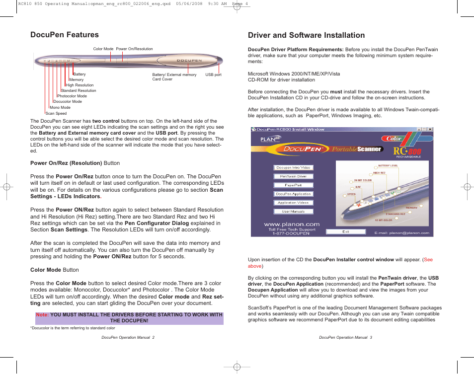 Driver and software installation, Docupen features | Planon System Solutions DocuPen RC810 User Manual | Page 4 / 19