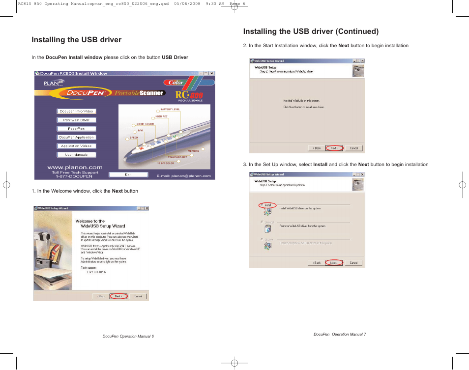 Installing the usb driver, Installing the usb driver (continued) | Planon System Solutions DocuPen RC810 User Manual | Page 6 / 19
