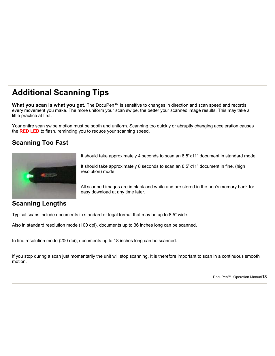 Additional scanning tips | Planon System Solutions DocuPort Series DocuPen User Manual | Page 13 / 48