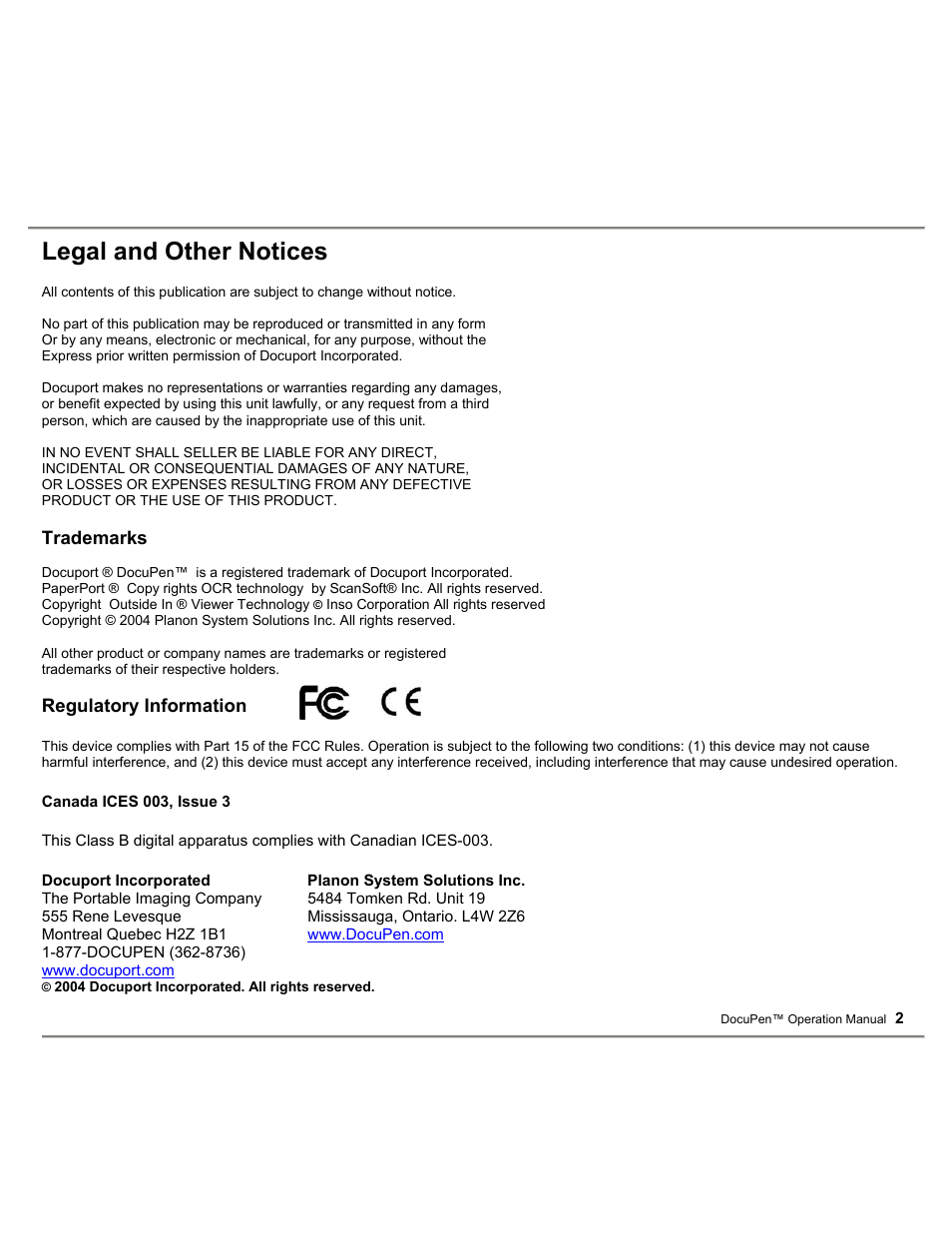 Legal and other notices | Planon System Solutions DocuPort Series DocuPen User Manual | Page 2 / 48