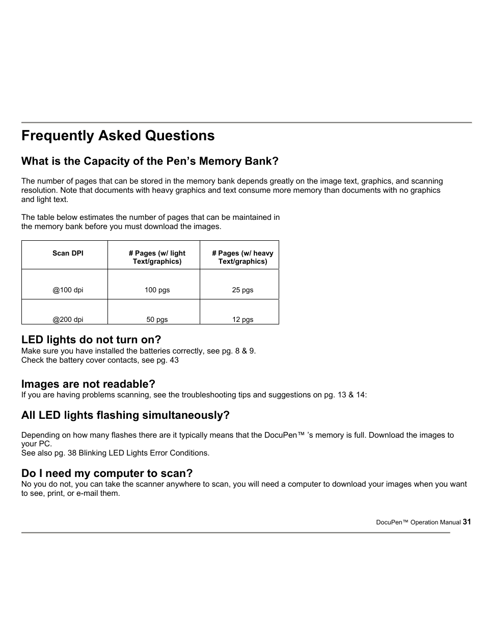 Frequently asked questions, Led lights do not turn on, Images are not readable | All led lights flashing simultaneously, Do i need my computer to scan | Planon System Solutions DocuPort Series DocuPen User Manual | Page 31 / 48