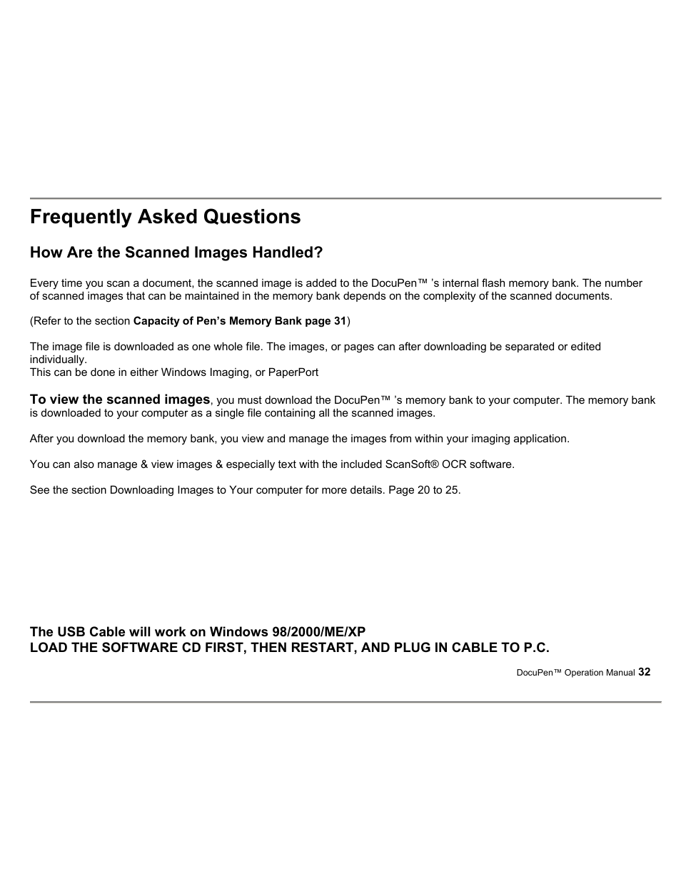Frequently asked questions, How are the scanned images handled | Planon System Solutions DocuPort Series DocuPen User Manual | Page 32 / 48