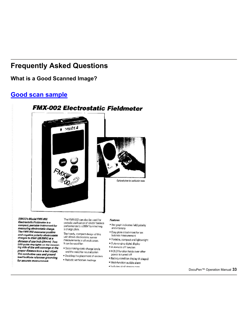 Frequently asked questions, Good scan sample | Planon System Solutions DocuPort Series DocuPen User Manual | Page 33 / 48