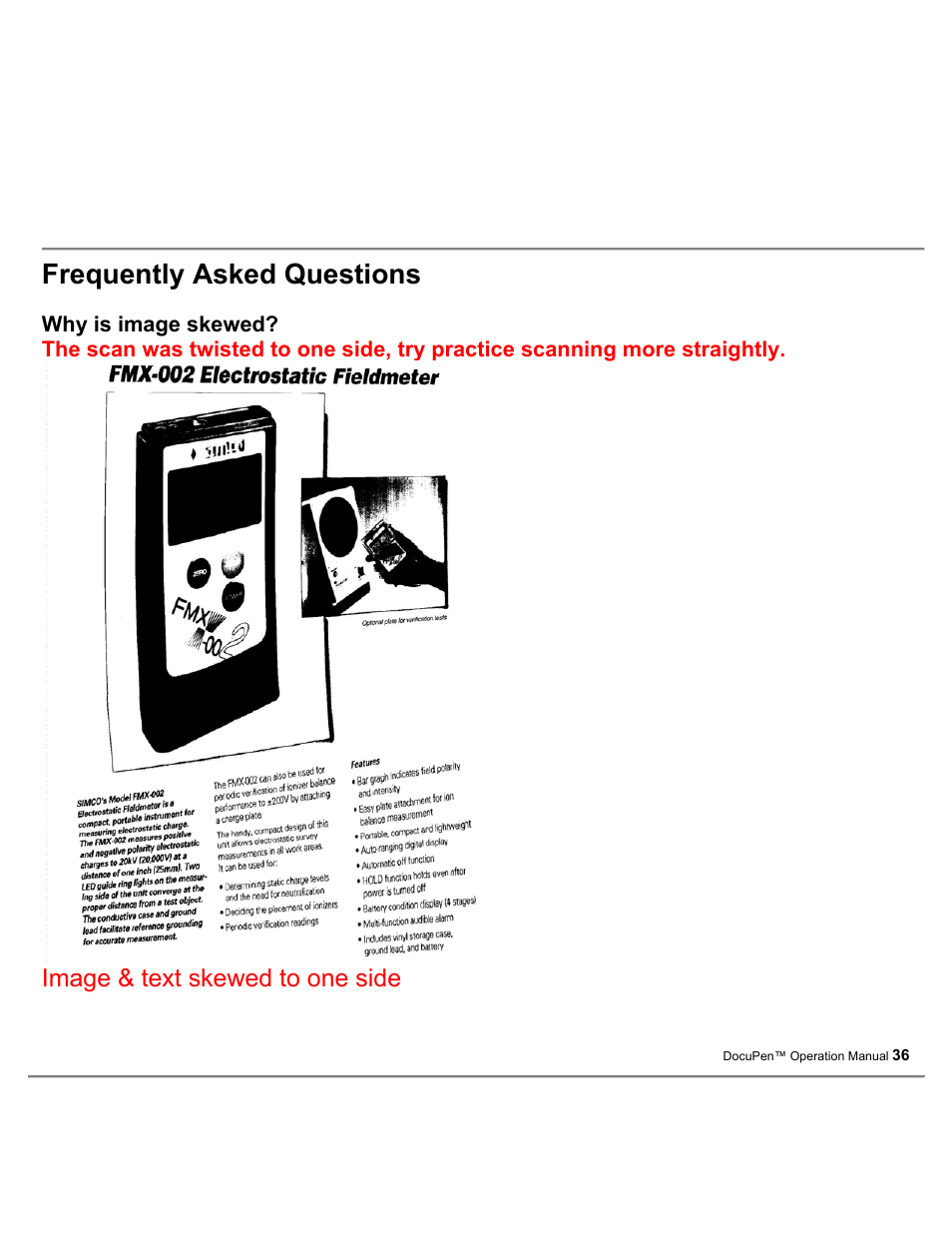Frequently asked questions, Image & text skewed to one side | Planon System Solutions DocuPort Series DocuPen User Manual | Page 36 / 48