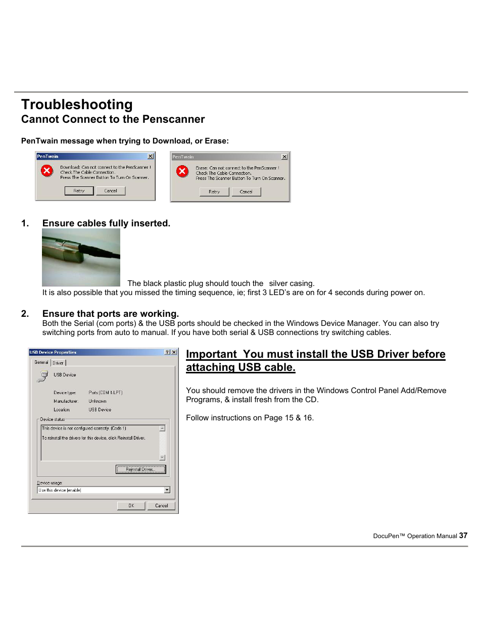 Troubleshooting, Cannot connect to the penscanner | Planon System Solutions DocuPort Series DocuPen User Manual | Page 37 / 48