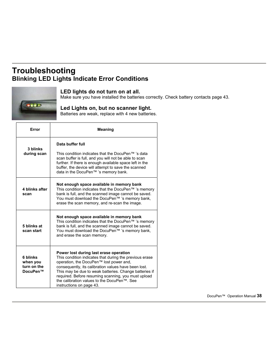 Troubleshooting, Blinking led lights indicate error conditions | Planon System Solutions DocuPort Series DocuPen User Manual | Page 38 / 48