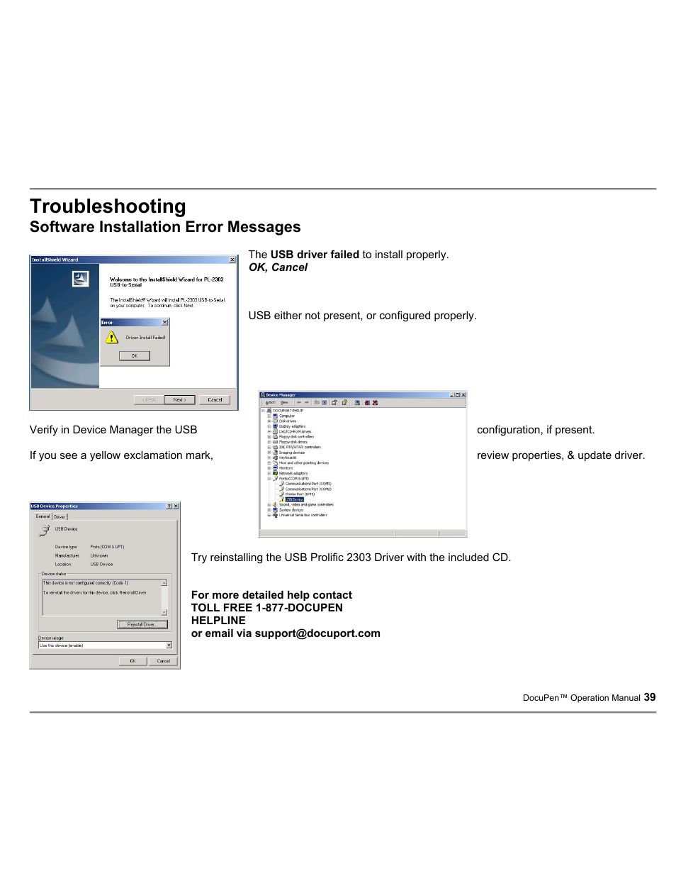 Troubleshooting, Software installation error messages | Planon System Solutions DocuPort Series DocuPen User Manual | Page 39 / 48