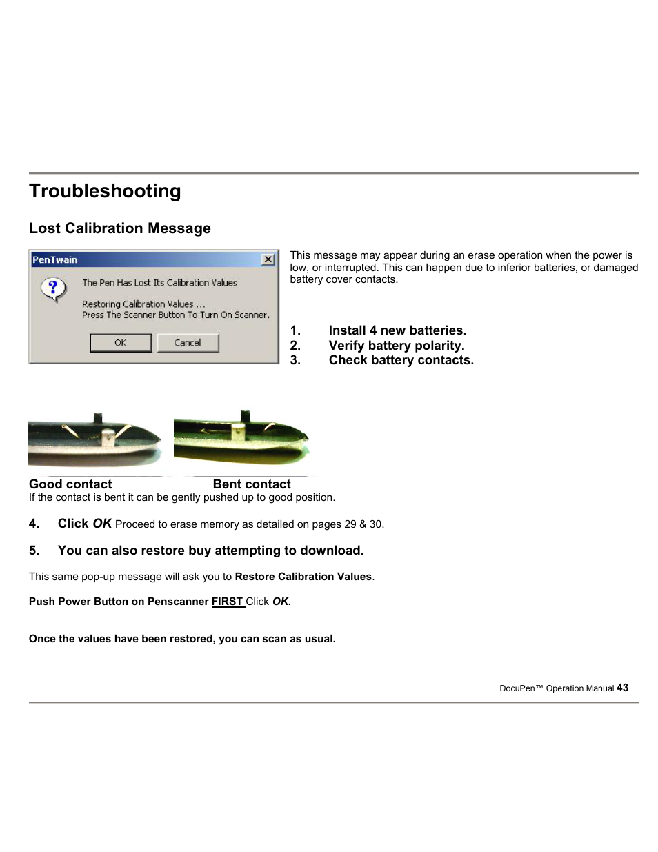 Troubleshooting, Lost calibration message | Planon System Solutions DocuPort Series DocuPen User Manual | Page 43 / 48