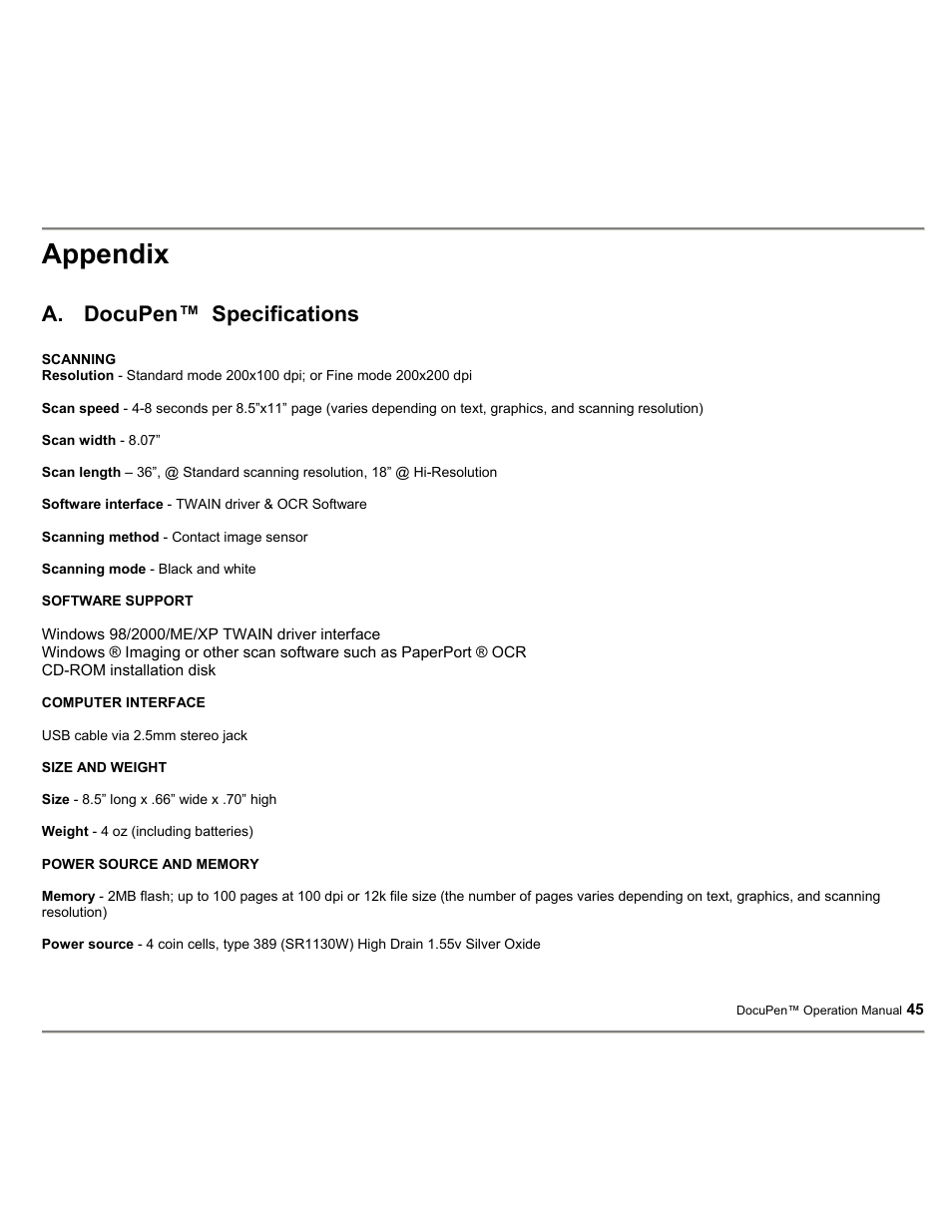 Appendix, A. docupen™ specifications | Planon System Solutions DocuPort Series DocuPen User Manual | Page 45 / 48