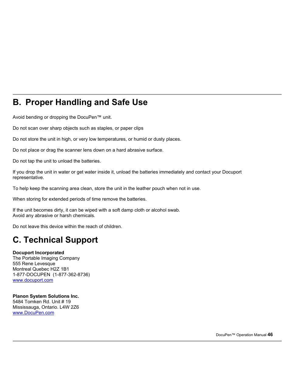 B. proper handling and safe use, C. technical support | Planon System Solutions DocuPort Series DocuPen User Manual | Page 46 / 48