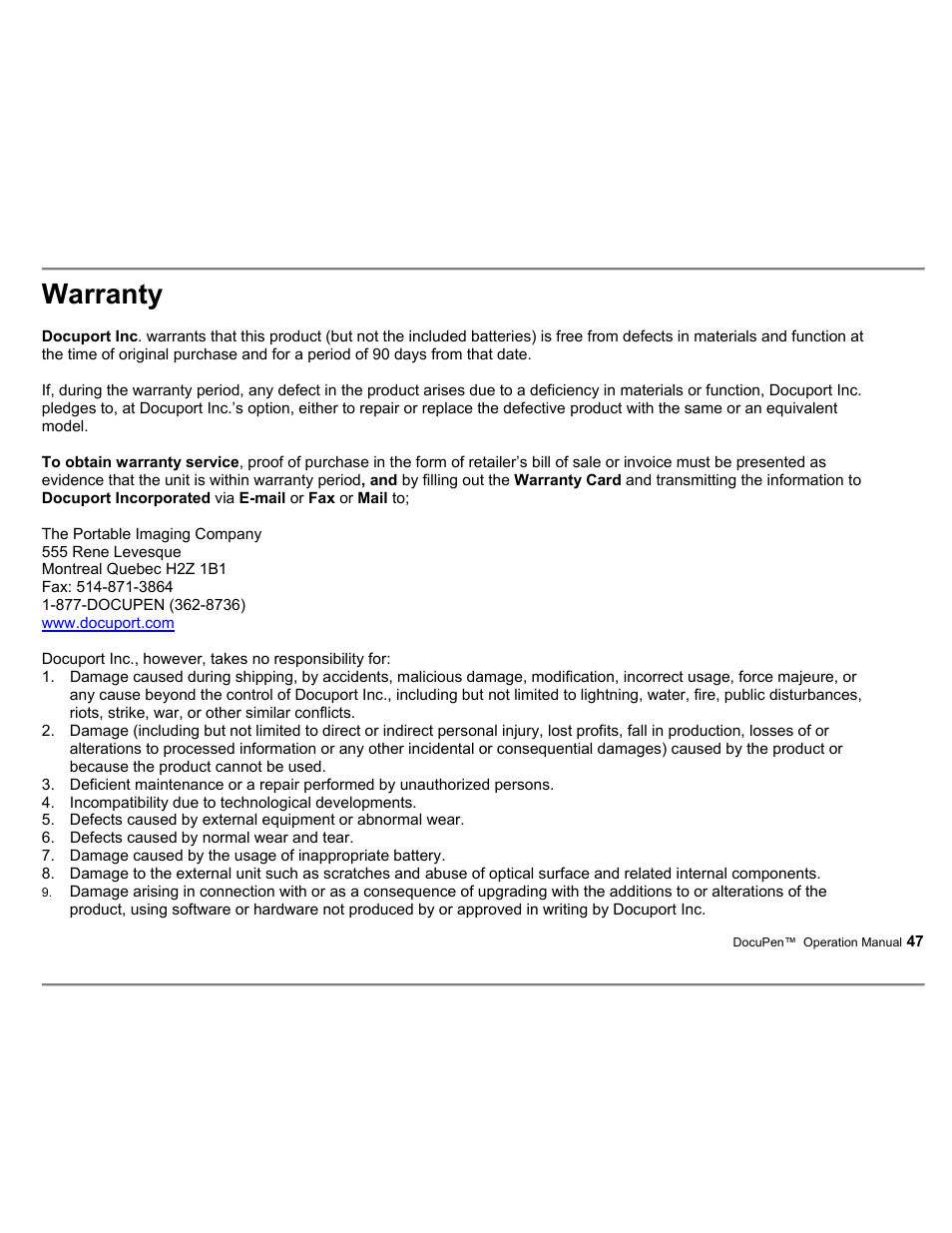 Warranty | Planon System Solutions DocuPort Series DocuPen User Manual | Page 47 / 48