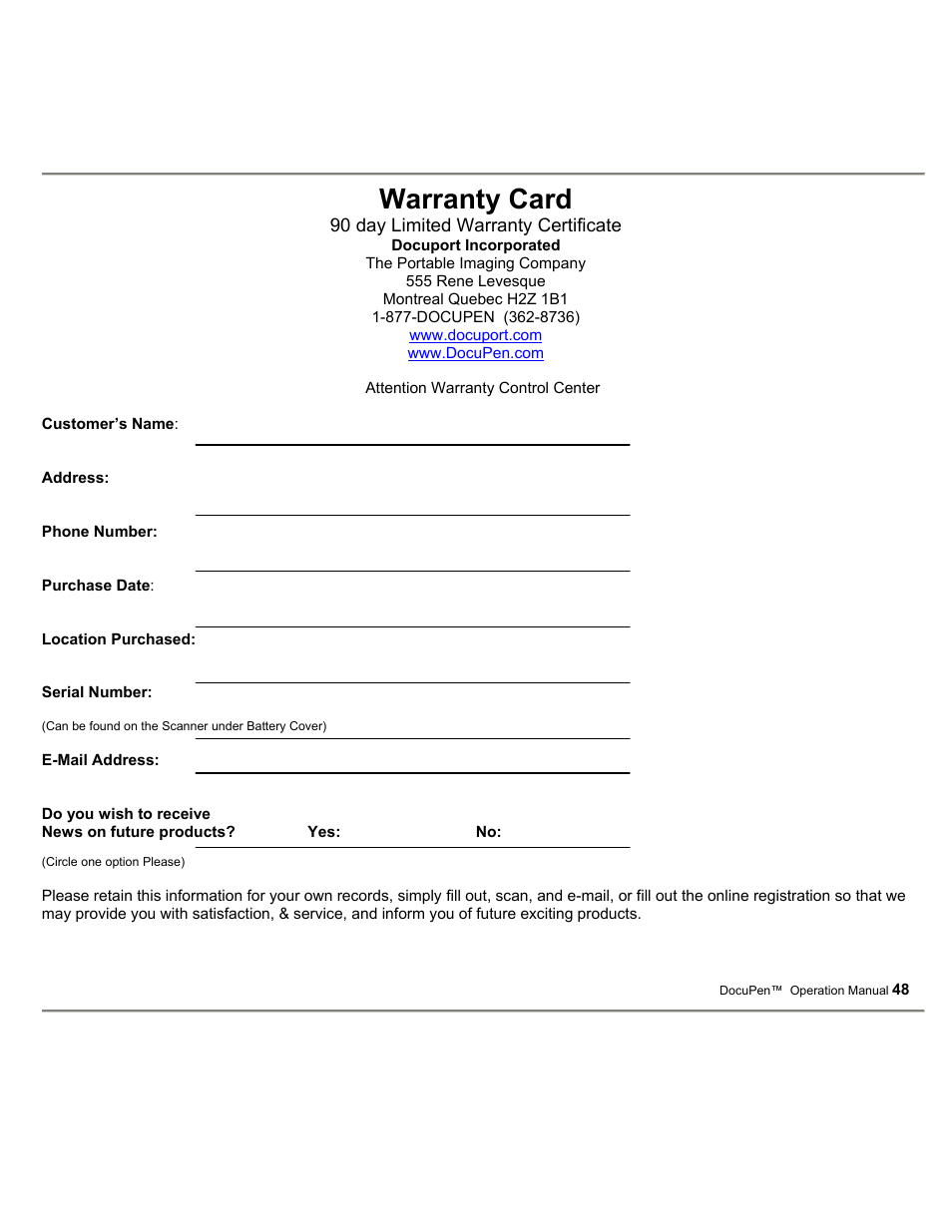 Warranty card | Planon System Solutions DocuPort Series DocuPen User Manual | Page 48 / 48