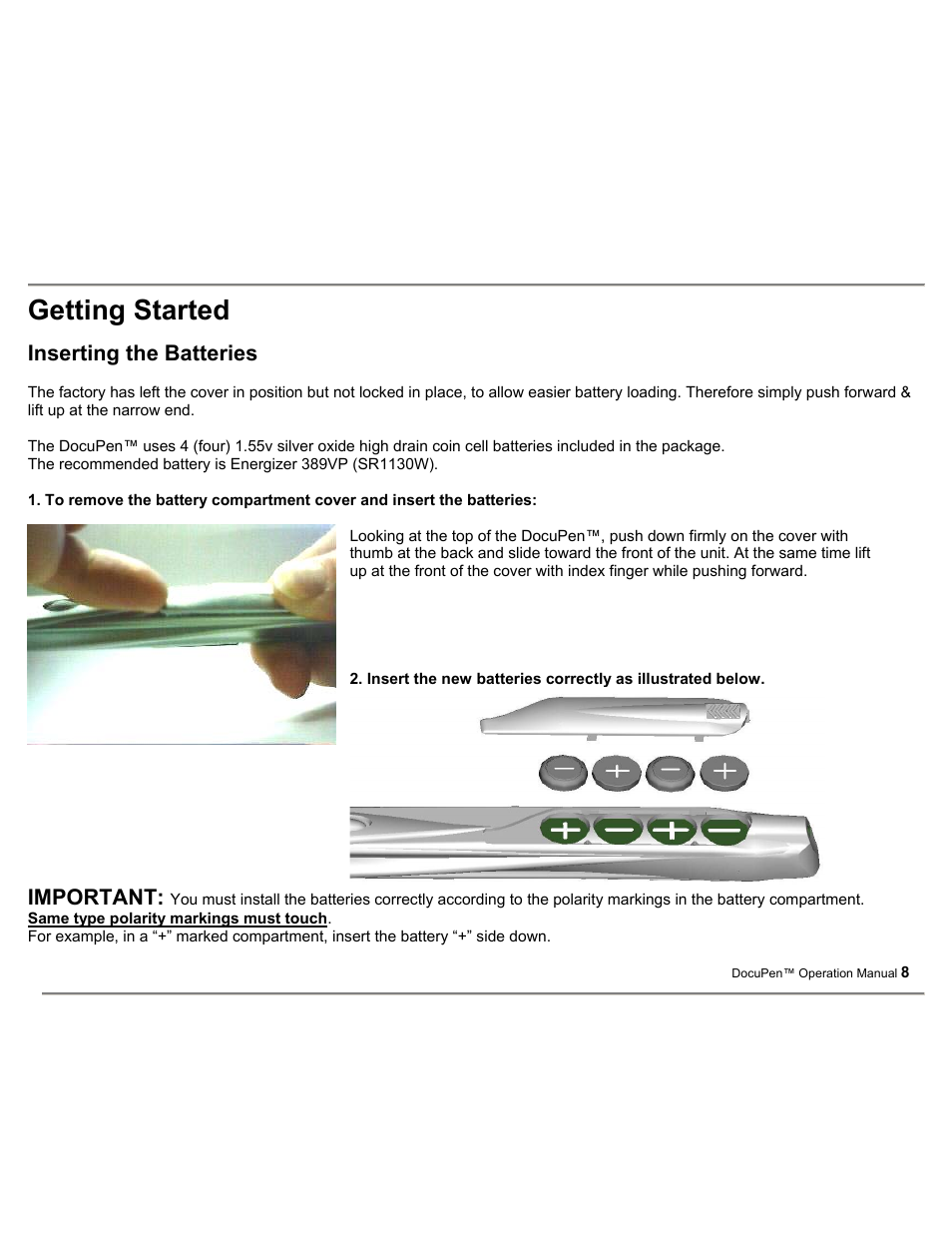 Getting started, Inserting the batteries, Important | Planon System Solutions DocuPort Series DocuPen User Manual | Page 8 / 48