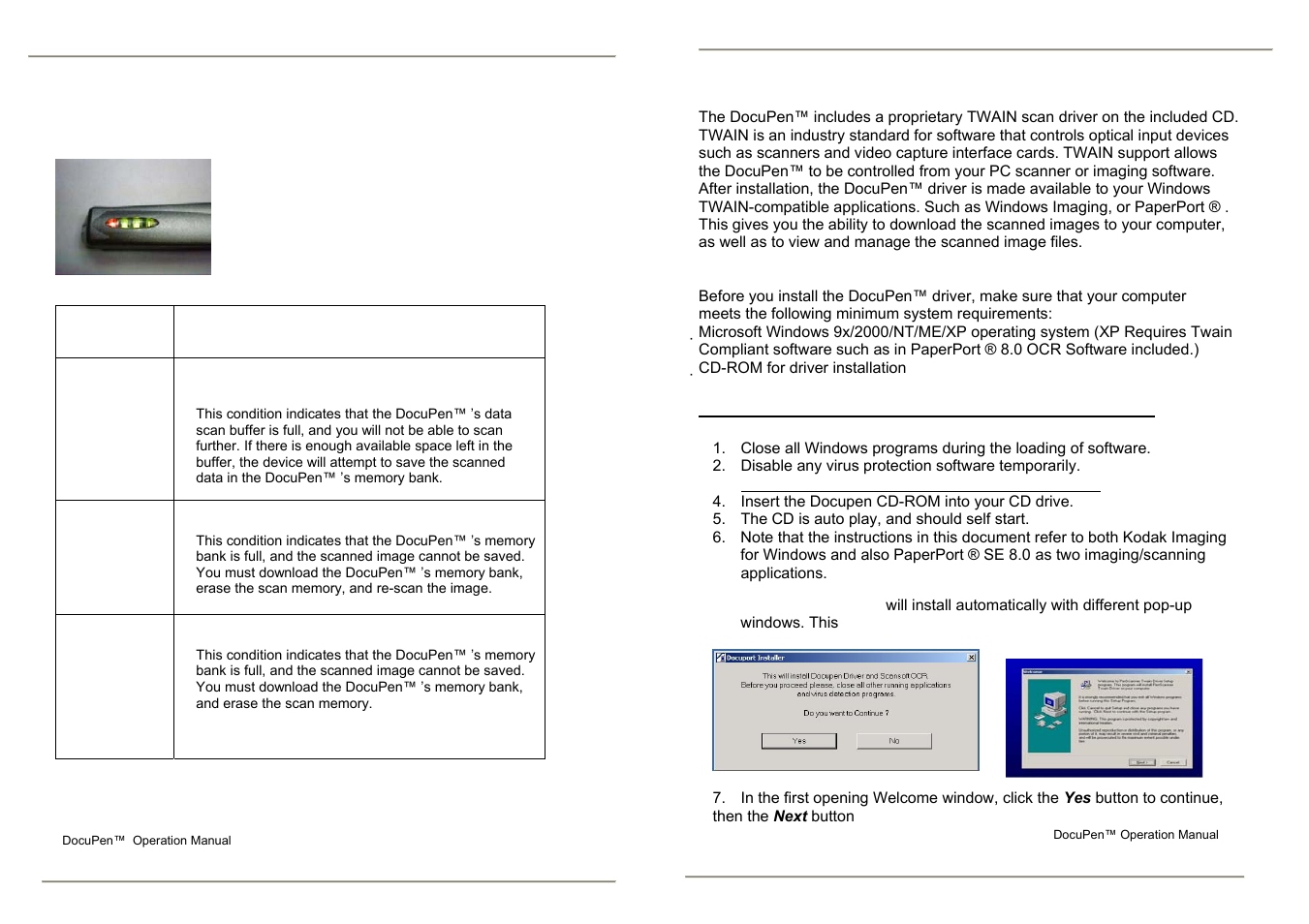 Error, Meaning, Troubleshooting | Installing the docupen™ software | Planon System Solutions R700 User Manual | Page 35 / 44