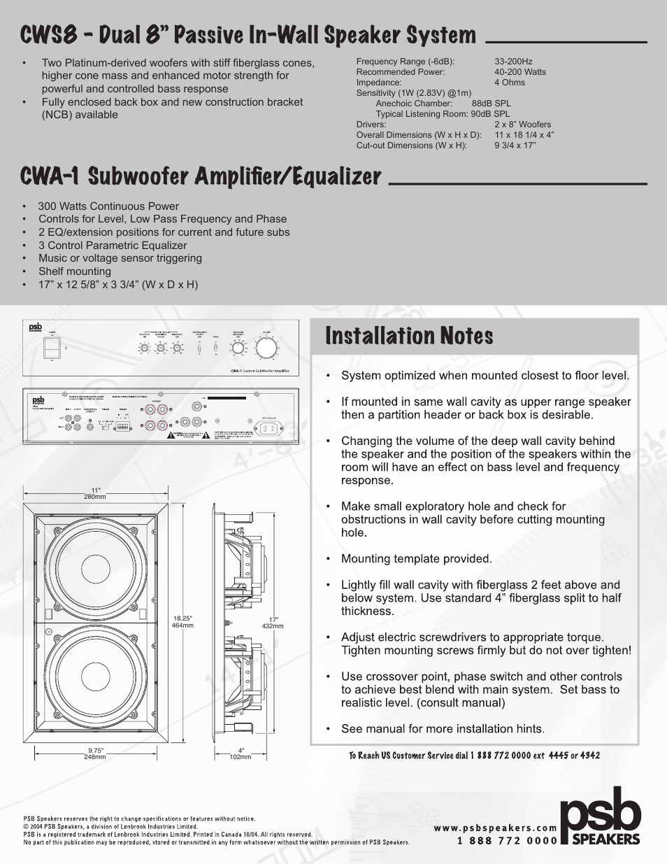 Cwa-1 subwoofer ampliﬁ er/equalizer | PSB Speakers CWA-1 User Manual | Page 2 / 2