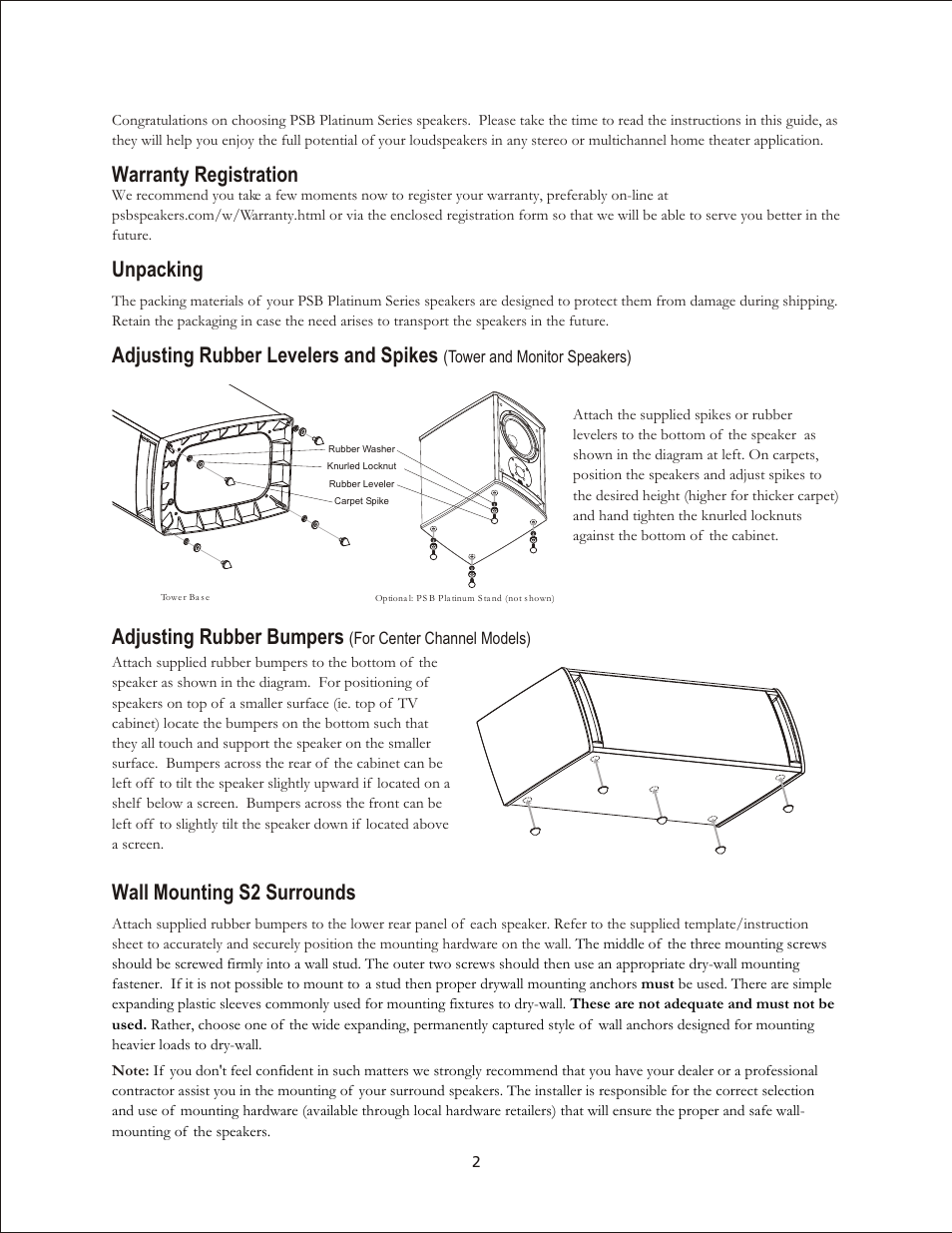 Warranty registration, Unpacking, Adjusting rubber levelers and spikes | Adjusting rubber bumpers, Wall mounting s2 surrounds | PSB Speakers Platinum Series User Manual | Page 2 / 13