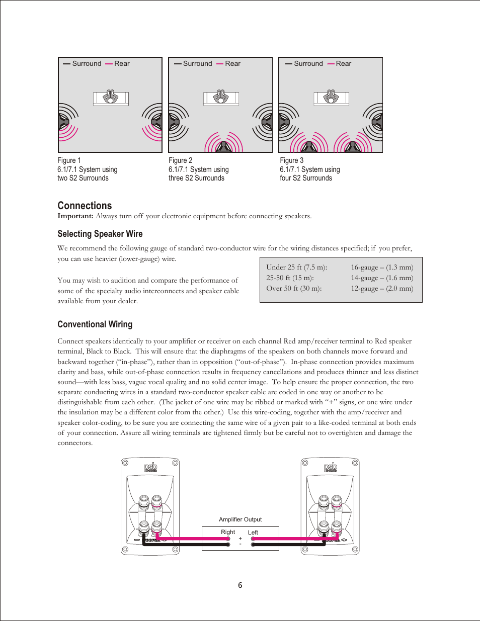 Connections, Selecting speaker wire, Conventional wiring | PSB Speakers Platinum Series User Manual | Page 6 / 13