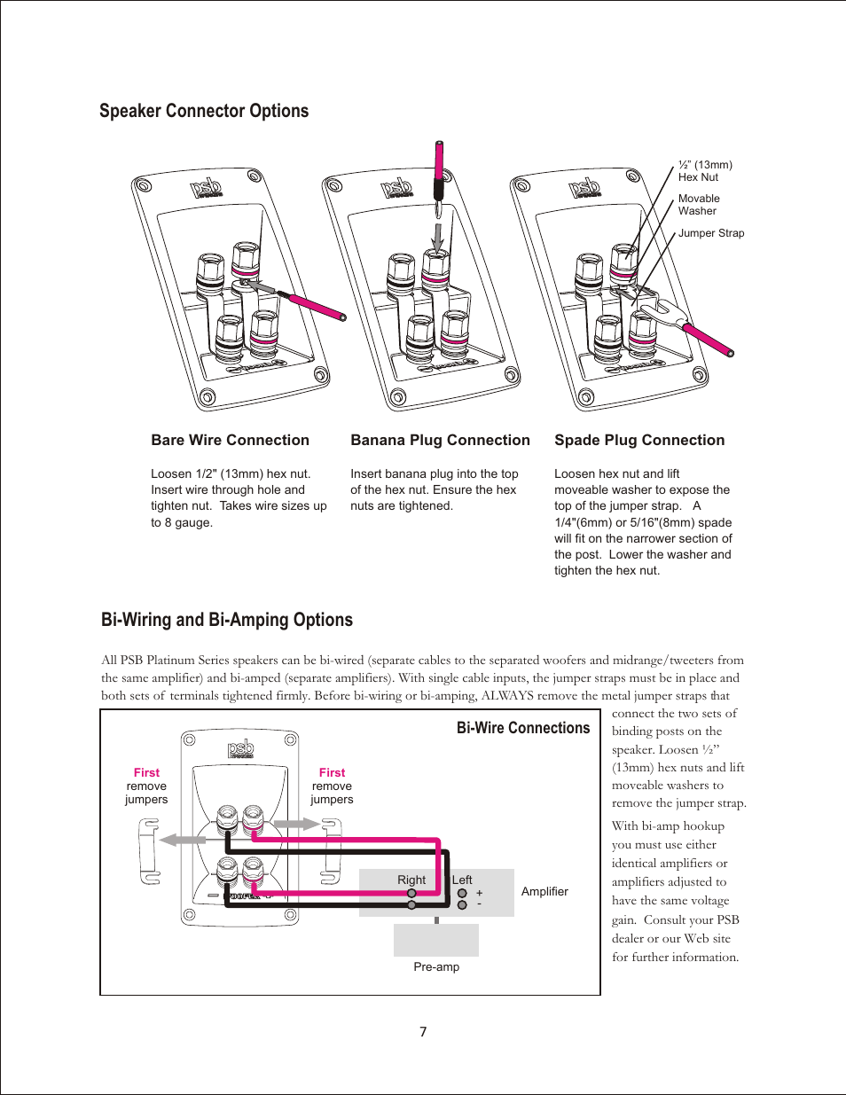 Speaker connector options, Bi-wiring and bi-amping options, Bi-wire connections | PSB Speakers Platinum Series User Manual | Page 7 / 13