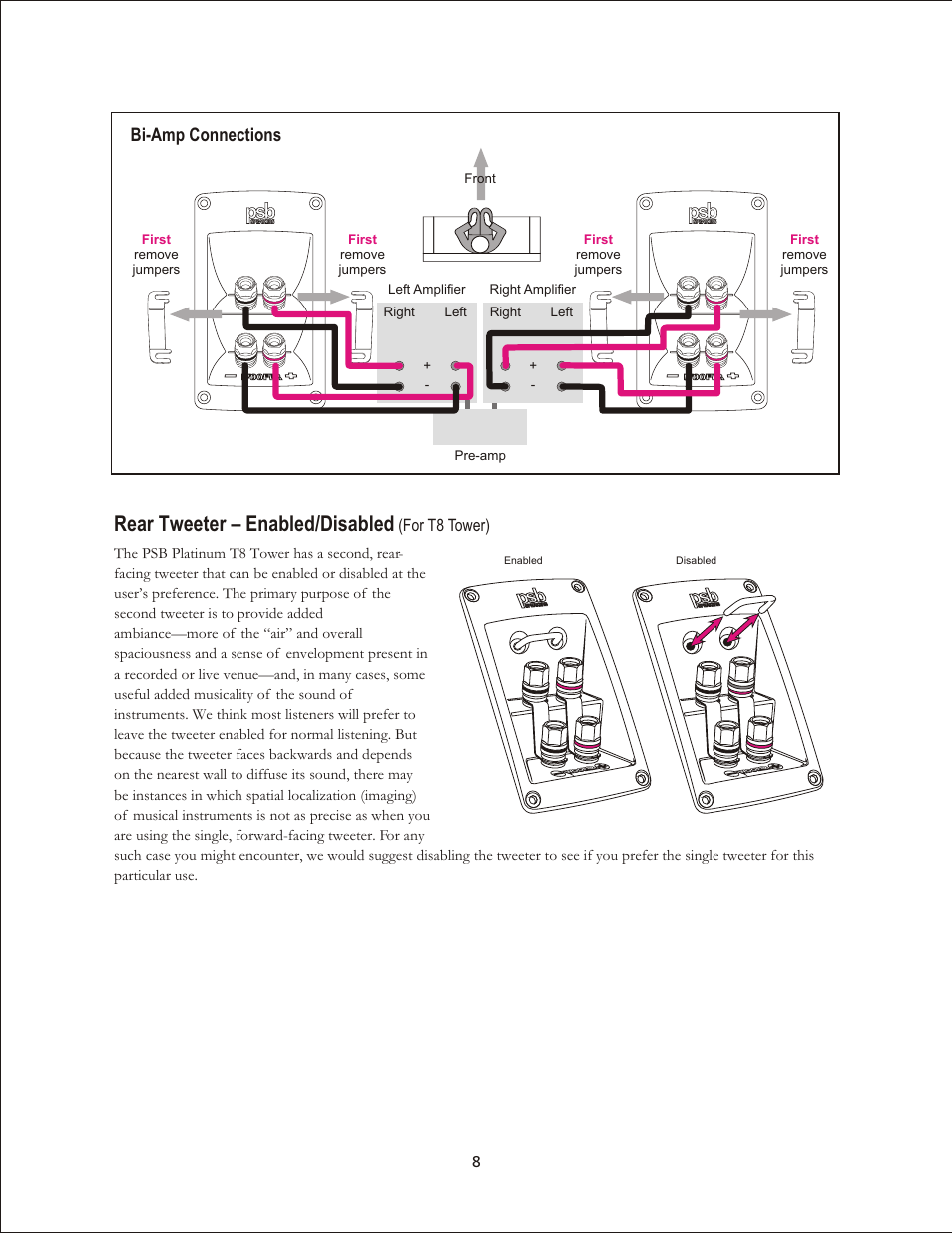 Rear tweeter – enabled/disabled, Bi-amp connections, For t8 tower) | PSB Speakers Platinum Series User Manual | Page 8 / 13