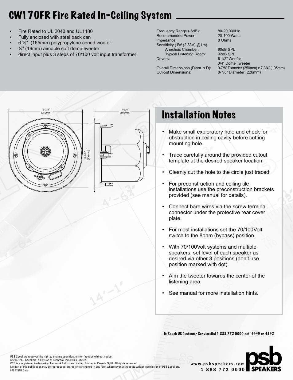 Cw170fr fire rated in-ceiling system | PSB Speakers CW170FR User Manual | Page 2 / 2
