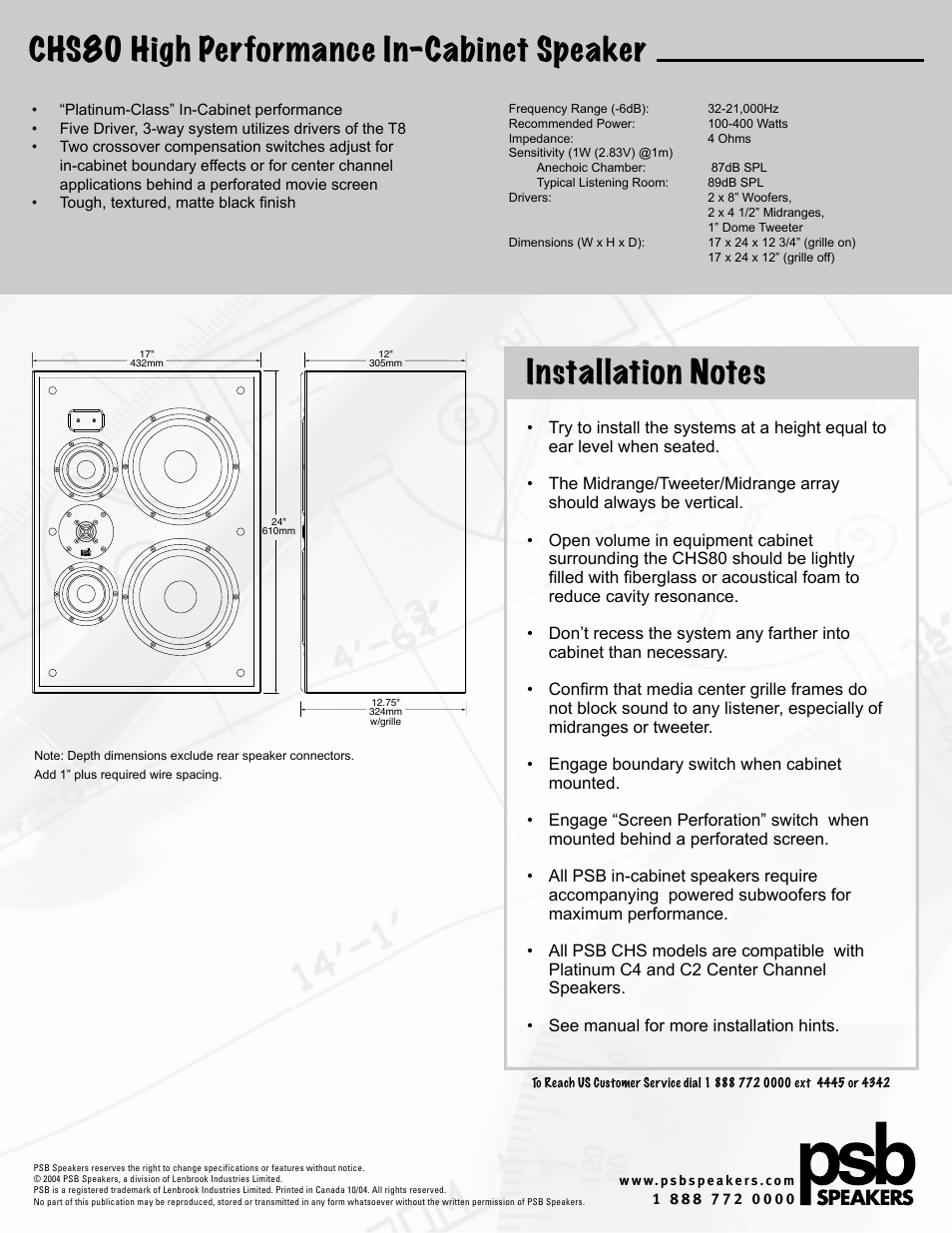 Chs80 high performance in-cabinet speaker | PSB Speakers CHS80 User Manual | Page 2 / 2